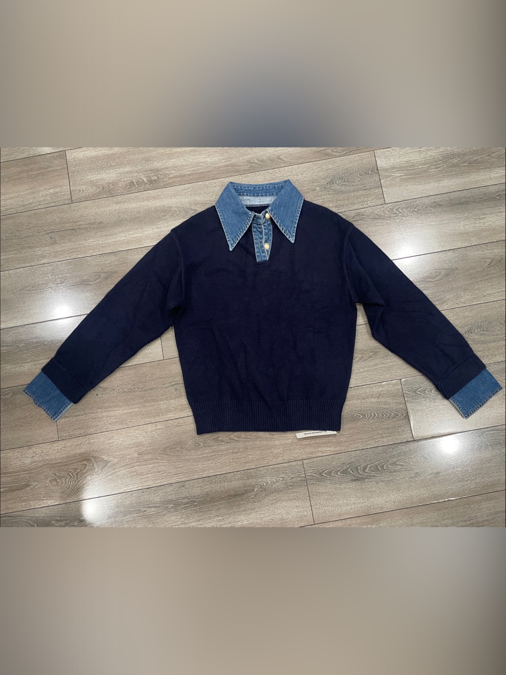 Commense Navy Sweater with Denim Collar and Cuff Trim